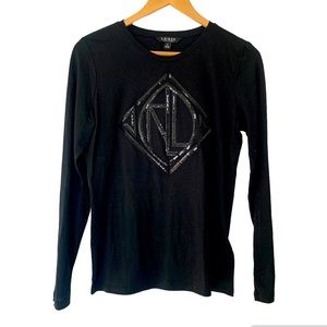 Lauren Ralph Lauren-black Label Women's Long Sleeve Tee Sequin- Black, medium